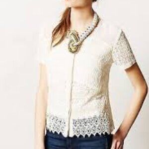Anthropologie Let Me Be Crochet Lace Top With Pleated Chiffon and Pearl Beads XS